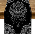 Lotus Flower Table Runner, Bohemian Ethnic Oriental Mandala Black White Floral Print Table Runner for Home Kitchen Dining Indoor Outdoor Dinner Party Decor, 13x36inch