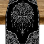 Lotus Flower Table Runner, Bohemian Ethnic Oriental Mandala Black White Floral Print Table Runner for Home Kitchen Dining Indoor Outdoor Dinner Party Decor, 13x90inch
