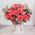 LESING Artificial Rose with Vase,Fake Silk Flowers Bouquets in Vase Table Centerpiece Arrangement for Kitchen Living Room(Red-1)