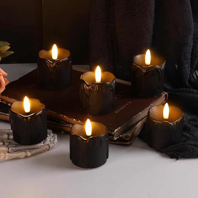 Eywamage Black Dripping Wax Flameless Candles with Timer Batteries, Realistic Flickering LED Votive Candles Set of 6