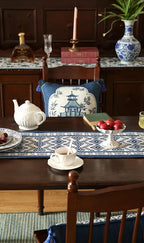 Chinoiserie Small Blue Stripe Cloth Runner for Table,Decorative Linen 63 Inches Long Table Runners,Decor Tabletop for Kitchen,Dining,Party,Home,Christmas,12"*63"