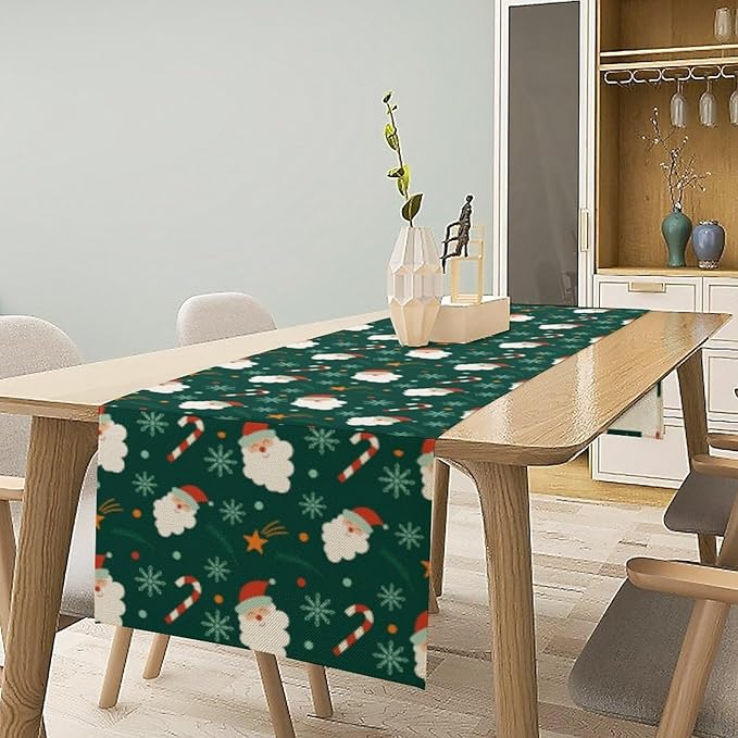 Christmas Table Runner,Seasonal Winter Xmas Holiday Green Table Cloth Kitchen Dining Table Decoration for Home Party Decor 13x36 Inch