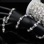 2 Yard Pearl Trim Chain Rhinestone Silver String Crystal Applique Fringe Ribbon Strips Beads Sewing Dress DIY Party Wedding Bouquet for Decoration Bridal Costume Embellishment