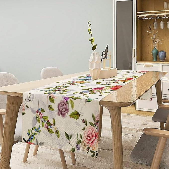 Vintage Bird Flower Table Runner Seasonal Spring Summer Garden Plants Farmhouse Country Kitchen Dinner Runner Dining Table Decoration for Home Party Holiday 13"x108"