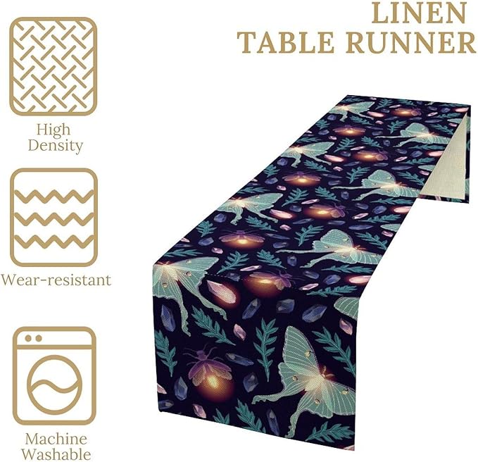 Moth Table Runner, Retro Boho Aesthetic Blue Moth Magic Table Runner for Home Kitchen Dining Party Indoor Outdoor Decoration 13x36 Inch