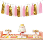 Paper Tassel Garland Banner - Tissue Paper Tassels for Bridal Shower, Wedding, Baby Shower, Birthday Decorations (Metallic Gold+Pink+White), 15 PCS