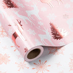 LeZakaa Christmas Pink Wrapping Paper Jumbo Roll, Reindeer & Snowflake, Metallic Foil, Rose Gold Foil Reversible Design for Festive Winter Holiday, Family Gathering, 30 inches x 32.8 Feet