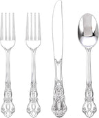 40PSC Silver Plastic Cutlery - Vintage Silver Disposable Silverware - Heavyweight Plastic Utensils with 20 Forks, 10Knives, 10 Spoons For Catering, Parties, Dinners and Weddings