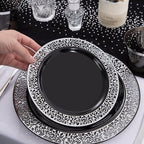 NOCCUR 210PCS Black and Silver Dinnerware Set for 30 Guests - Black Plastic Plates with Silver Rim Include 30 Dinner / 30 Dessert Plates, 30 Prewrapped Silverware, 30 Cups Ideal for Party, Halloween