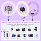 Ring Light 22inch Kit: Ring Light Tripod for iPhone ipad, with 75" Tripod/LCD Display/2 USB Ports Overhead Phone Mount for Video Recording, Zoom Meeting,YouTube,TikTok (Purple)