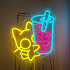 Looklight Cat Boba Tea Neon Sign,Yellow Cute Kitty Bubble Tea Neon Signs for Wall Decor,Dimmable LED Neon Light Bar Sign,USB Light Up Signs for Dimsum Store Bar Milk Tea Shop
