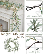 Fudios Lighted Olive Garland Battery Operated with Timer 96 LED Fairy Lights 6ft, Mantle Fireplace Vine Garland with Lights for Spring Easter Decoration Christmas Valentines Wedding Party