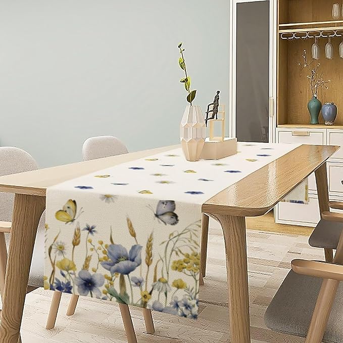 Floral Table Runner, Spring Watercolor Flower Plants Nature Butterfly Table Runner for Kitchen Dinner Living Room Home Party, 13x90 Inch