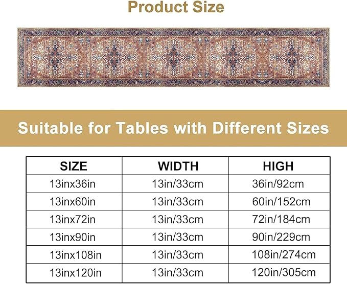 Boho Floral Vintage Table Runner, Purple Brown Retro Flower Rustic Country Farmhouse Abstract Pattern for Home Kitchen Table Decor Dining Coffee Room Party Decor 13x120in