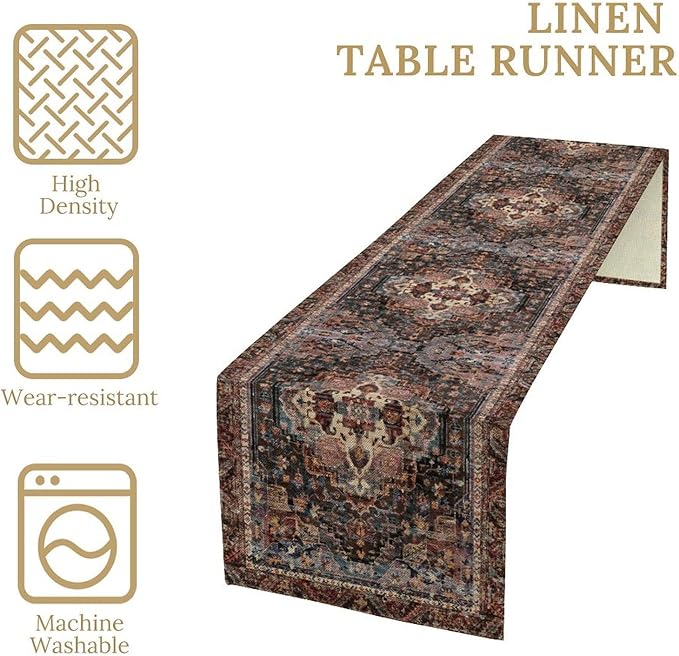 Vintage Boho Floral Table Runner, Rustic Country Farmhouse Black Bohemia Flower Pattern for Home Kitchen Table Decor Dining Coffee Room Party Decor 13x36in