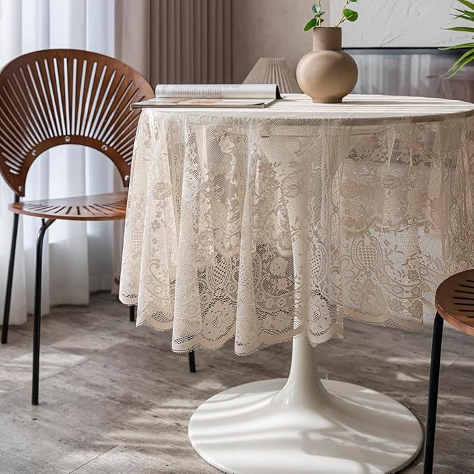 Vintage 60 inch Beige Lace Tablecloth Floral Embroidered Boho Shabby Chic Small Table Cover for Wedding Halloween Party Dinning Holiday, 1 Piece