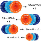 ZOOYOO Hanging Paper Fans Party Decorations,12 Pcs Blue Orange Honeycomb Round Fans,Ceiling Decor for Birthday,Wedding,Graduations,Tea Party Backdrop