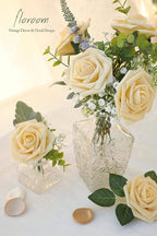 Floroom Artificial Flowers 50pcs Real Looking Creamy Yellow Foam Fake Roses with Stems for DIY Wedding Bouquets Bridal Shower Centerpieces Floral Arrangements Party Tables Home Decorations