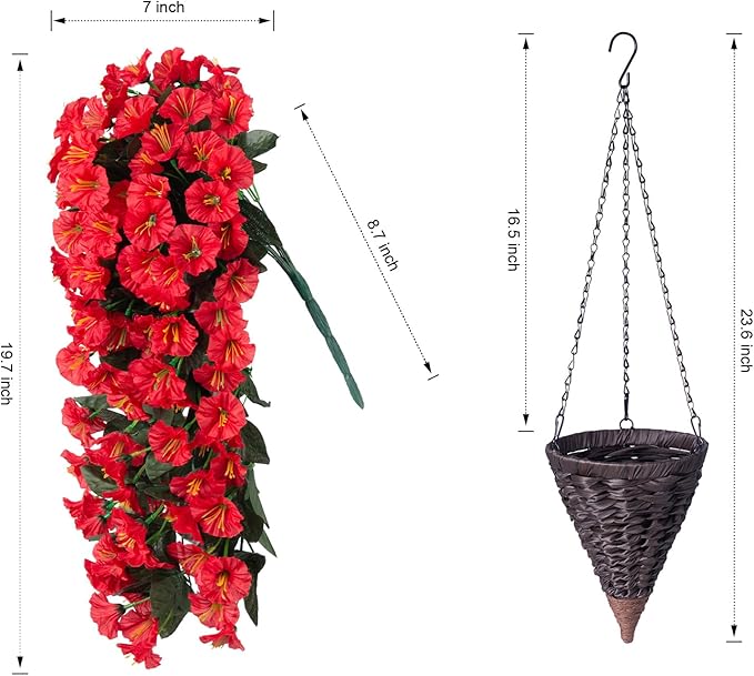 Artificial Fake Red Hanging Flowers Plants Baskets for Outdoor Winter Christmas, Faux Silk UV Resistant Look Real Morning Glory Vines for Outside Porch Patio Balcony Garden Yard Home Decor