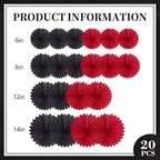 20 Pcs Black Red Hanging Paper Fan, Hanging Honeycomb Round Paper Fans for Weddings, Birthdays, Christmas, Baby Showers, Classroom, Events Ceiling Party Supplies Decorations