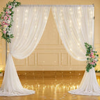 10ft x 7ft Cream White Chiffon Backdrop Curtain with Lights String for Parites Wedding Wrinkle Free Curtain Photo Backdrops Drapes for Baby Shower Birthday Party Home Decorations