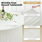 2 Pack Ivory Spandex Round Tablecloths for 60 inch Tables, Wrinkle Free Stretchy Fitted 120inch Round Table Covers 5FT with Ruffle Table Skirt for Wedding Party Dining Banquet Dinning