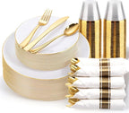 KIRE 175PCS Gold Plates Disposable - Heavy Duty White and Gold Plastic Plates Dinnerware Sets - 25 for Dinner 25 for Dessert 25 Pre Rolled Napkins and 25 Cups for Birthday/Thanksgiving Party/Wedding