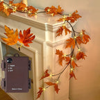 Fudios Lighted Maple Leaf Garland with Timer 24 Warm White LED 6FT for Fall Thanksgiving Decor, Artificial Garland with Lights Battery Operated Harvest Christmas Decoration Indoor Outdoor