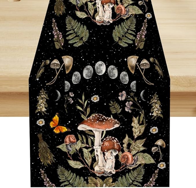 Mushroom Kitchen Table Runner, Boho Vintage Wild Flower Gothic Witchy Moonlit Forest Plant Table Runner for Bedroom Living Room Kitchen Dinner Table, 13x70 Inch