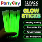Party City Green Glow Sticks Bulk Pack 6”- 12pk Glow in the Dark Sticks for Kids, Waterproof Camping Survival Ultra Bright Emergency Light Stick with String, Neon Glowsticks Party Supplies Favors