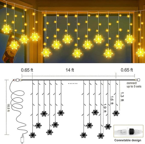 150 LED Christmas Icicle Lights with Snowflakes, Hanging Snowflake Light with 8 Modes, Connectable Warm White Icicle Lights for Outside, Roof, Window, Holiday Party Decor