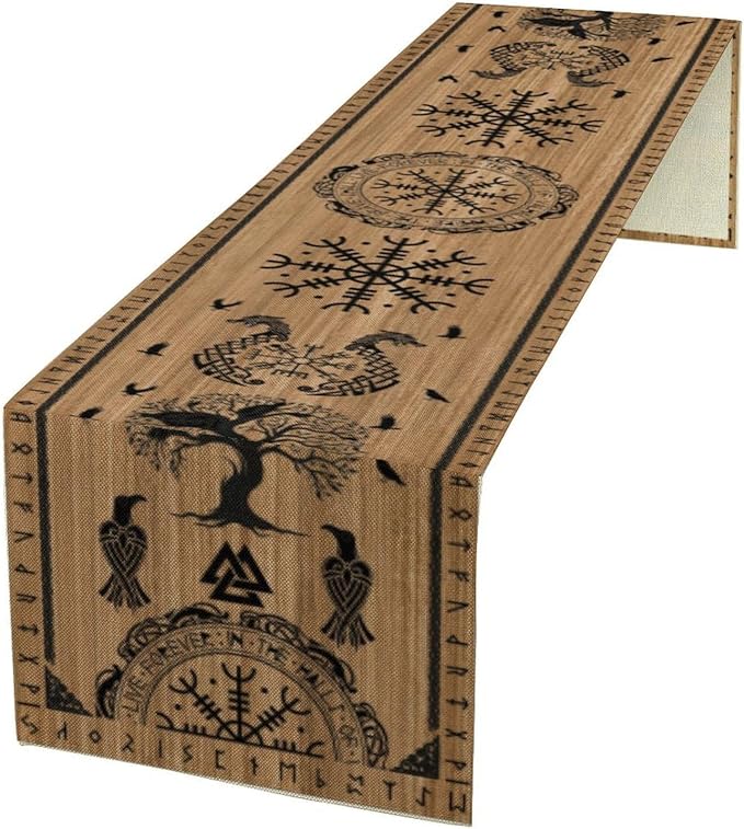 Viking Tree of Life Table Runner, Wooden Printed Eagle Dragon Boat Rudder Seasonal Kitchen Dining Table Decoration for Home Party 13x70 Inch