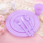KIRE 150 PCS Purple Plastic Plates - Purple Dinnerware Set Disposable 25 Dinner & 25 Salad Plates 25Forks 25Knives 25Spoons 25Clear Cups for Birthday/Baby Shower