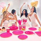 175Pcs Pink Party Supplies, Hot Pink Paper Plates and Napkins Include Scalloped Plates Napkins Cups Plastic Cutlery Set for Bridal Shower Girl Birthday