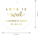 Andaz Press Personalized Round Circle Wedding Gift Tags, Metallic Gold Ink, Love is Sweet, 24-Pack, Custom Made Any Name
