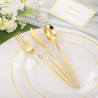 Liacere 150PCS Clear Gold Plastic Plates - Gold Plastic Silverware with Glitter Handle - Clear Disposable Plates Include 30 Guests Plates, Forks, Spoons, Knives for Wedding & Party&Chrismas