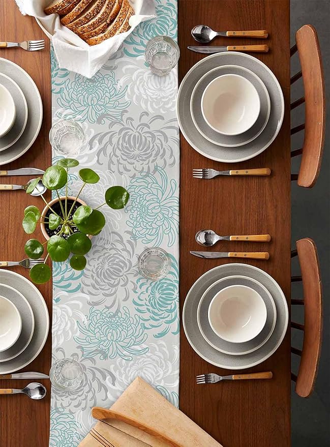 Auqa Chrysanthemum Cotton Linen Table Runner for Dining Kitchen, Wedding Outdoor Party Tablerunners Decoration, Farmhouse Floral Botanical Leaves Dresser Scarf Coffee Tablecloth Runners 13x60 Inches
