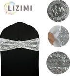 10 Pcs Chair Sashes Sequin Stretch Chair Bands Spandex Polyester Bows for Party Hotel Wedding Banquets Decoration -Silver