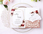 PONATIA 5.12 X 7.2 Rose Gold Glitter Wedding Invitations, 20PCS Tri-Fold Laser Cut Invitations Pockets With Envelopes For Wedding Bridal Shower Engagement Quinceanera Invitations (No Inner Sheet)