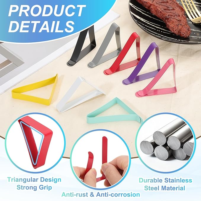 uxcell 8 Pack Tablecloth Clips, Stainless Steel Table Cloth Cover Clamps, 2.56" x 2.68" Windproof Holder Clips for Home Party Picnic Wedding Camping Dining Tables, Blue Green