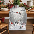 Christmas Snowman Cotton Linen Table Runner for Dining Kitchen, Snowflakes Xmas Pine Tree Wedding Outdoor Party Tablerunner Decoration Winter Bird Dresser Scarf Coffee Tablecloth Runners 13x90 Inches