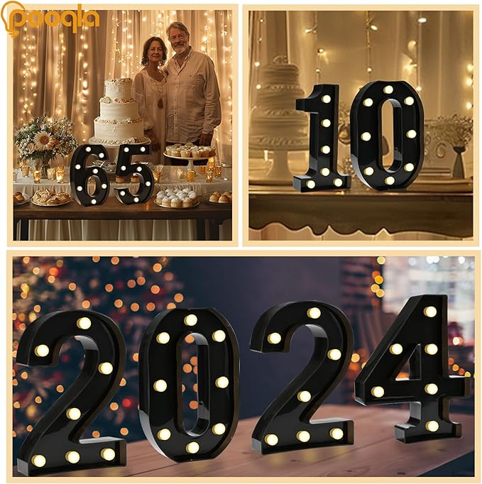 Pooqla Decorative Led Light Up Number Letters, Black Plastic Marquee Number Lights Sign for 60th Birthday Party Wedding Decor Battery Operated Black Decoration 60