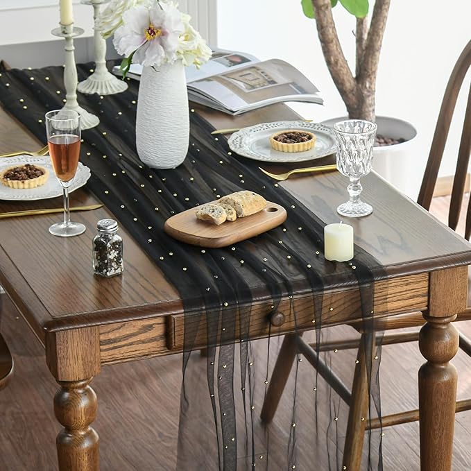 Artoid Mode 3PCS Pearl Black Gauze Table Runner 120 Inch 10FT, Seasonal Sheer Dining Holiday Wedding Birthday Baby Shower Table Decor for Home Party