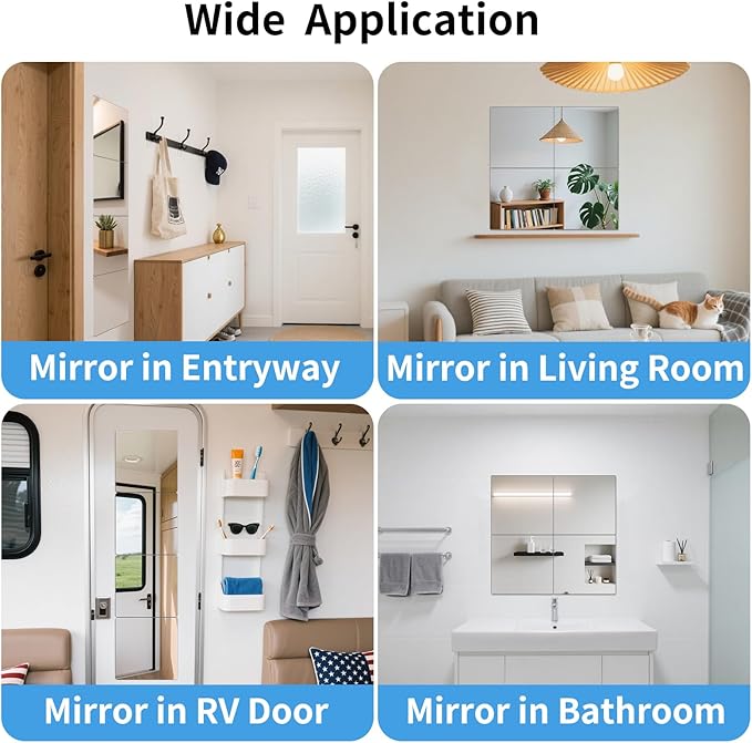 Unbreakable Acylic Small Mirror Tiles for Kids, (4-Pcs 13.5x13.5 Inch) Plastic Mirrors for Wall, Stick on Mirrors for Wall Decor, Shatterproof Mirror for Kids Bedroom
