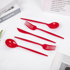 PULOTE 150PCS Red Plastic Silverware Set - Heavy Duty Plastic Cutlery - Red Utensils Disposable Include 50 Forks, 50 Spoons, 50 Knives for Party, Wedding & Mother’s Day
