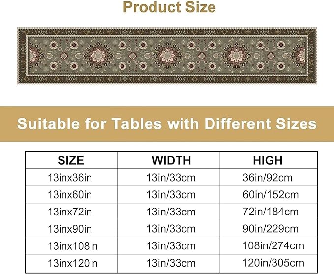 Vintage Paisley Floral Table Runner, Brown Boho Rustic Farmhouse Flower Pattern for Home Kitchen Table Decor Dining Coffee Room Party Decor 13x120in