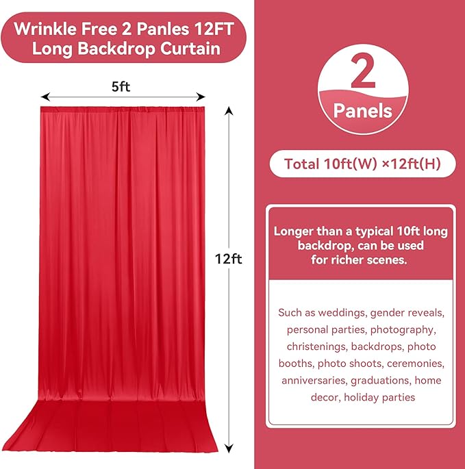 10ftx12ft Wrinkle Free Red Backdrop Curtain, 2 Panels 12FT Height Red Wedding Backdrop Drapes, Silky Polyester Back Drop Cloth for Birthday Photography Background Party Backdrop Draping