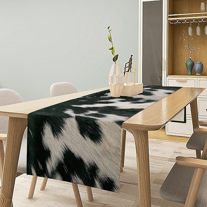 Cow Skin Print Table Runner, Rustic Country Farm Fur Skin Cowhide Pattern Western Style Black White Print Table Runner for Home Kitchen Dinning, 13x70 Inch