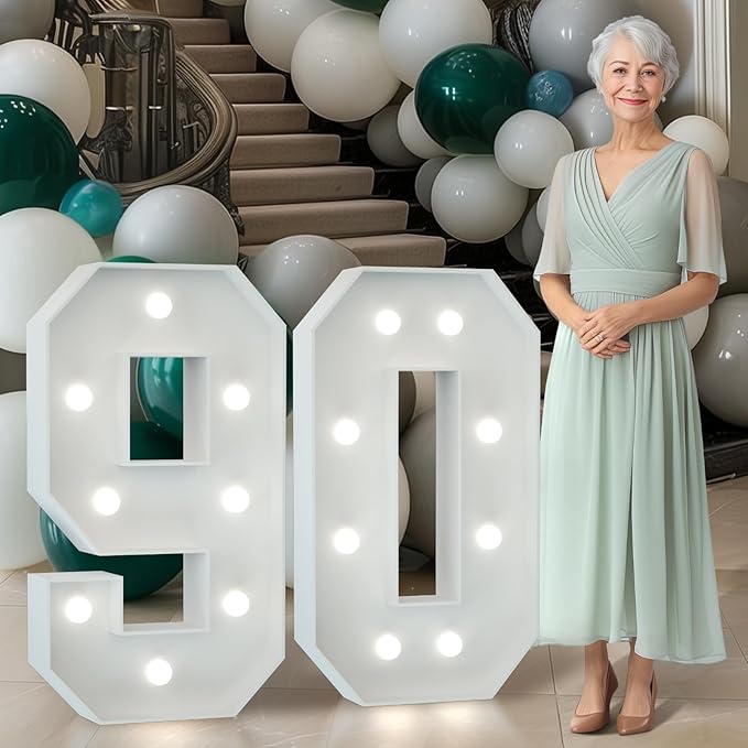 Marquee Numbers 3 Feet Tall Big Light Up Numbers 90th Birthday Decorations Women Men White Anniversary Party Decor Large Cardboard Prop Backdrop Sign 90
