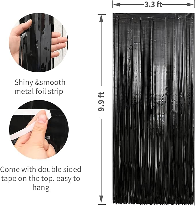 Crosize 8 Pack 3.3 x 9.9 ft Black Foil Fringe Curtains Party Decorations, Black Tinsel Curtain Backdrop for Parties, Door Streamers, Glitter Streamer Backdrop for Birthday Decoration